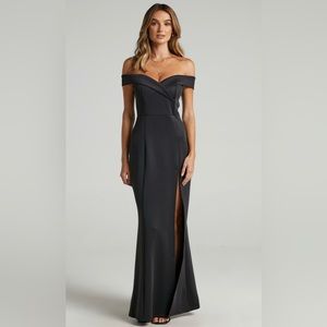 One for the Money Black Formal Dress - maxi, off the shoulder sleeves (Showpo)